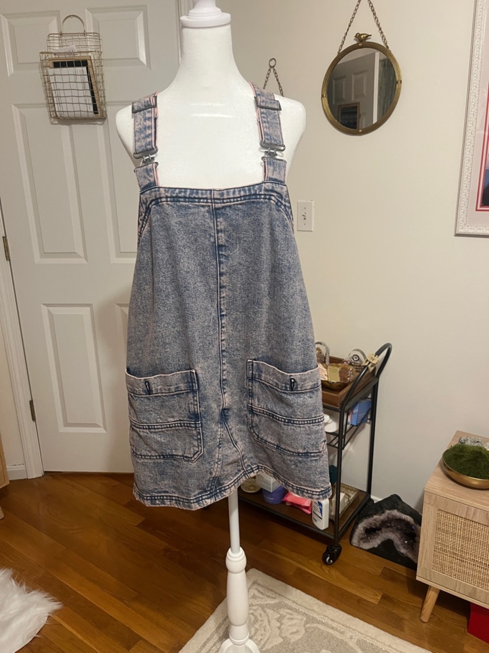 Denim Overall Dress in acid wash pink tint Blue